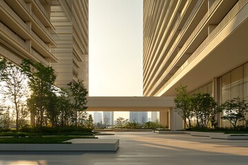 Architectural Harmony: Modern Towers, Skybridge, and Urban Green Space.