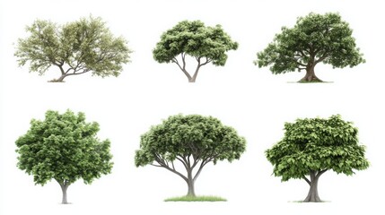 The image showcases six different types of trees, displaying a variety of shapes and shades of green against a white background.