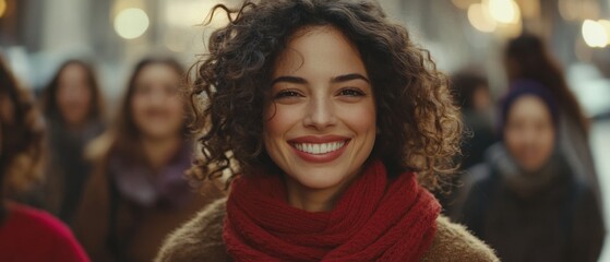 Smiling Hispanic woman with curly hair wearing a red scarf in a crowded city street during daytime, radiating joy and urban lifestyle
