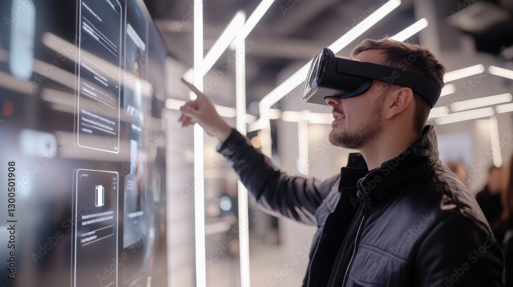 Poster software developer wearing a virtual reality headset engages with a display panel, interacting with 