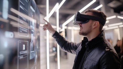 Software developer wearing a virtual reality headset engages with a display panel, interacting with dynamic data in a cutting edge office metaverse environment