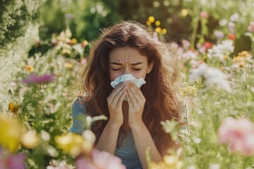 Woman sneezing with tissue in flower field. Seasonal allergies affecting health. Symptoms of hay fever.  Natural remedies concept.