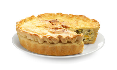 Tasty homemade pie with chicken and vegetables isolated on white
