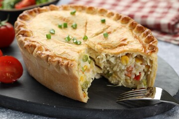 Delicious fresh homemade pie served on table, closeup