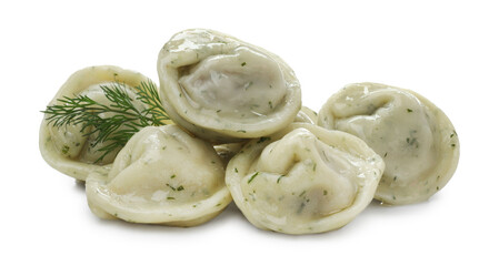 Delicious dumplings (pelmeni) with spices isolated on white