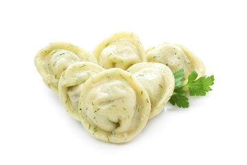 Delicious dumplings with spices isolated on white