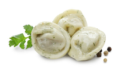 Delicious dumplings with spices isolated on white