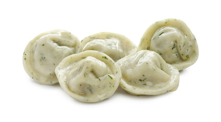 Delicious dumplings (pelmeni) with spices isolated on white