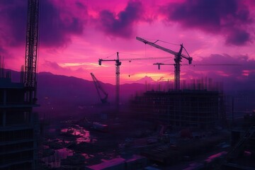 Fototapeta premium Construction site landscape at sunset with cranes, urban development, infrastructure project, dramatic sky, industrial architecture, building work in progress.