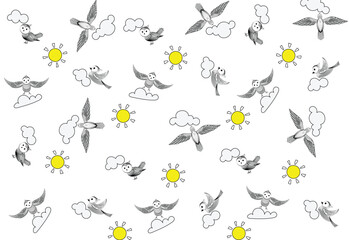 vintage pattern seamless birds line, outline bird with background isolated white, pattern line bird cyanocitta or blue jay.