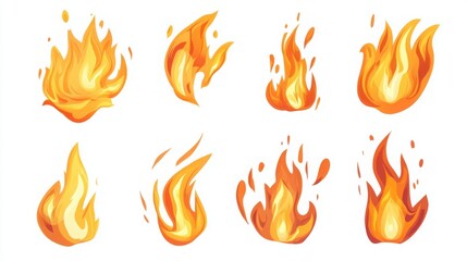 A vibrant collection of nine illustrated fire flame designs in various shapes and sizes, showcasing an energetic and dynamic visual style.