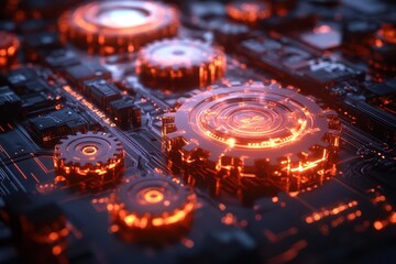 3d holographic interface with floating translucent gears gradient glass morphism effect dynamic lighting minimal tech aesthetic