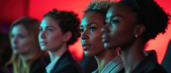 Fototapeta premium Diverse group of focused young women attending a conference, listening attentively in a dimly lit room with red lighting Concept of business, teamwork, and leadership