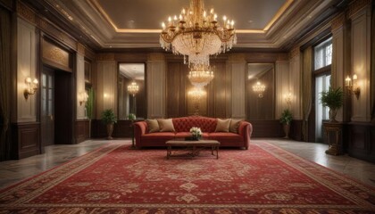 Fototapeta premium Elegant hotel lobby with ornate chandelier and plush carpet, ornate details, grand staircase