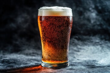 A vibrant glass of amber beer with a frothy white head and ascending bubbles, set against a textured dark background creating a refreshing and inviting atmosphere.