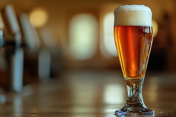 Elegant glass filled with golden craft beer, topped with a fluffy white head, reflecting the ambient light in a warm, inviting pub atmosphere.