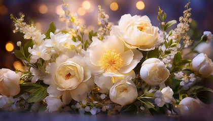 Lush floral design with peonies, roses, and lavender sprigs, radiating warmth and love for Mother's Day.