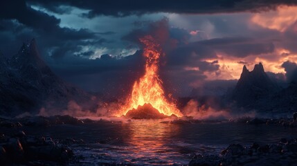 A volcanic eruption sends bright lava shooting into the air as it cascades down rocky slopes. The setting sun creates a stunning contrast with dark clouds, enhancing the dramatic atmosphere