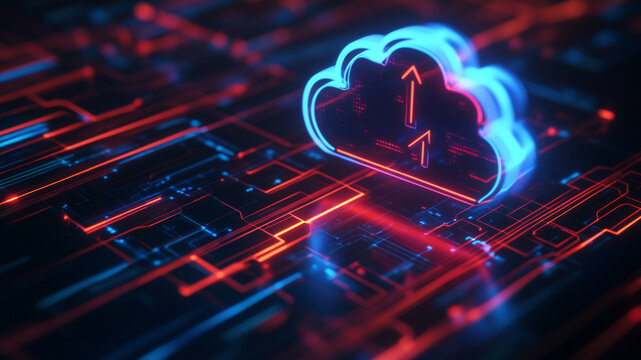 Futuristic glowing cloud computing icon on a digital circuit board with neon red and blue lights