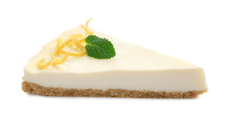 Piece of tasty lemon cheesecake with mint isolated on white