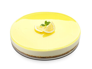 Delicious lemon cheesecake with mint isolated on white