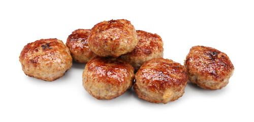 Many delicious roasted patties isolated on white