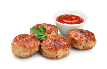 Delicious patties with sauce and parsley isolated on white