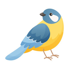 Bright Titmouse, Blue bird with yellow breast. Flat cartoon character design. Bird icon, cute titmouse template. Vector illustration isolated on white background.