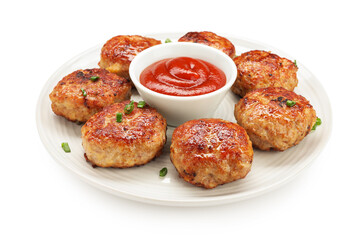 Delicious patties with sauce isolated on white