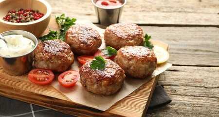 Delicious patties, spices, tomatoes and sauces on wooden table, closeup. Space for text