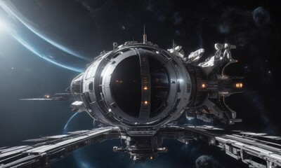 Futuristic spacecraft docked at a space station,  spaceship,  futuristic,  stars