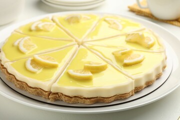 Delicious lemon cheesecake on white table, closeup