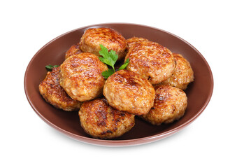 Delicious patties with parsley isolated on white