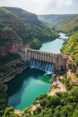 Naklejka premium Dam with waterfall surrounded by lush greenery and river mountains scenic view nature landscape aerial photography outdoor travel adventure exploration