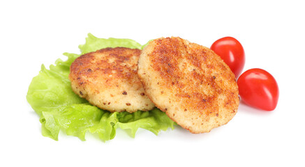 Delicious patties, tomatoes and lettuce isolated on white