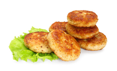 Delicious patties and lettuce isolated on white