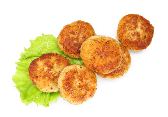 Delicious patties and lettuce isolated on white, top view