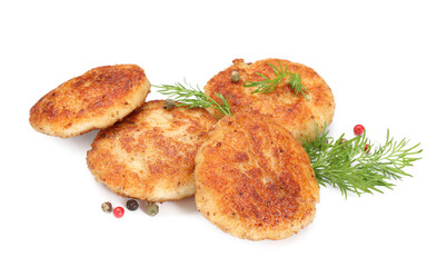 Delicious patties and spices isolated on white