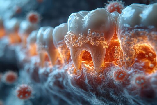 3d medical visualization of tooth decay progression crosssection view bacterial detail realistic texture educational lighting