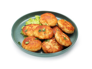 Many delicious patties, parsley and lettuce isolated on white