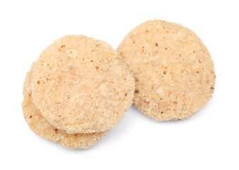 Three uncooked fresh patties isolated on white, top view