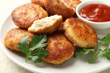 Tasty patties, parsley and ketchup on light textured table, closeup