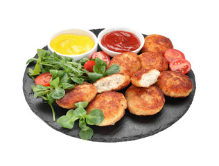 Tasty patties, tomato, spinach, mustard and ketchup isolated on white
