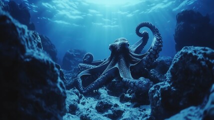 An octopus gracefully navigates through rocky formations at the bottom of a vibrant blue ocean. Sunlight filters down, illuminating the aquatic environment
