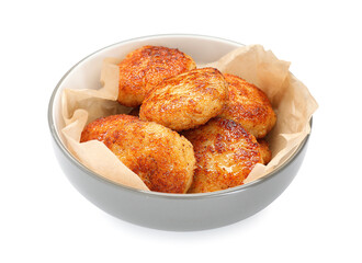 Tasty patties in bowl isolated on white