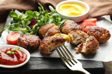 Tasty patties, tomato, arugula, mustard and ketchup on table, closeup
