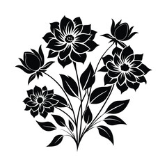 black and white flowers silhoutted on white background.