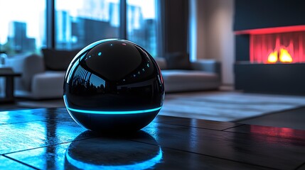 Unique black sphere shaped object resting on a table creating a bold statement in a stylish and modern room