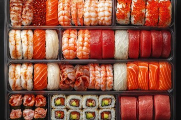 Exquisite sushi and nigiri arrangement in a divided tray, featuring fresh tuna, salmon, shrimp, and avocado rolls, offering a delightful and diverse culinary experience in vibrant colors.