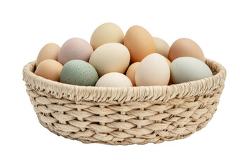 Collection of colorful eggs in a decorative woven basket for spring celebrations and festive gatherings, cut out